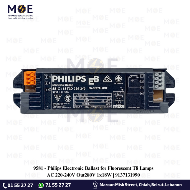 Philips Electronic Ballast for Fluorescent T8 Lamps AC 220-240V Out280V 1x18W | 9137131990 | ترانس الكترون