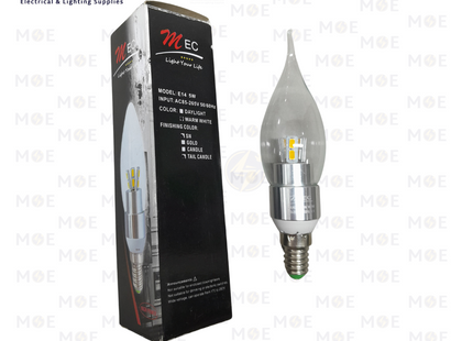 Mec LED Lamp Clear Filament Candle Tail Chrome WarmWhite E14 5W | لمبة ليد برم سن رفيع فيلامنت شمعة دنب شفاف كروم ورم وايت