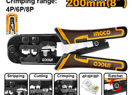 INGCO Modular Plug Crimping Tool 8inch 4P,6P,8P RJ9 / RJ11 / RJ45 | HMPCN2468R