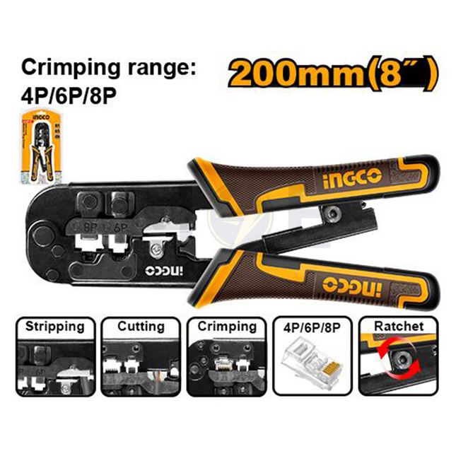 INGCO Modular Plug Crimping Tool 8inch 4P,6P,8P RJ9 / RJ11 / RJ45 | HMPCN2468R