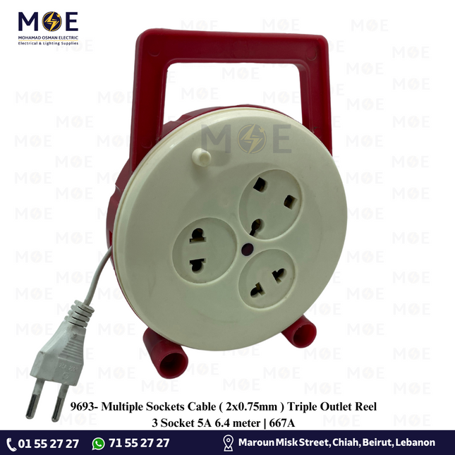 Multiple Sockets Cable ( 2x0.75mm ) Triple Outlet Reel 3 Socket 5A 6.4 meter| 667A