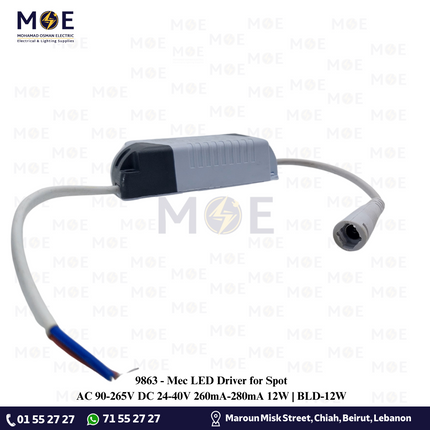 Mec LED Driver for Spot AC 90-265V DC 24-40V 260mA-280mA 12W | BLD-12W