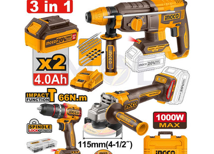 INGCO Cordless 3 pcs combo kit ( Lithium-ion Rotary Hammer, Angle Grinder, Impact Drill) with 2 Batteries 4A & Charger 20V | COSLI241198