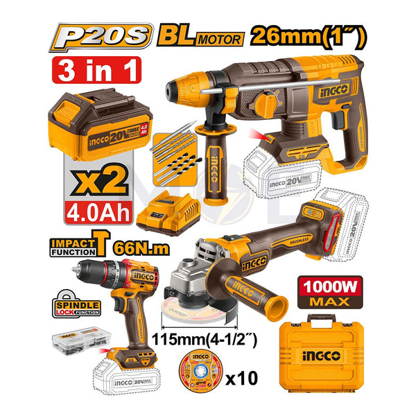 INGCO Cordless 3 pcs combo kit ( Lithium-ion Rotary Hammer, Angle Grinder, Impact Drill) with 2 Batteries 4A & Charger 20V | COSLI241198