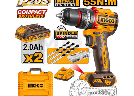 INGCO Cordless Lithium-ion Impact Drill with 2pcs 2Ah Li-ion Battery,1pc Charger 20V | CIDLI20558