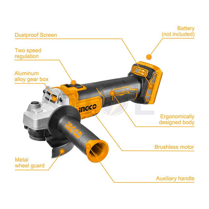 INGCO Lithium-ion Cordless Angle Grinder 20V 115mm | CAGLI201158 صاروخ قص وجلخ بطارية