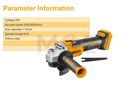 INGCO Lithium-ion Cordless Angle Grinder 20V 115mm | CAGLI201158 صاروخ قص وجلخ بطارية