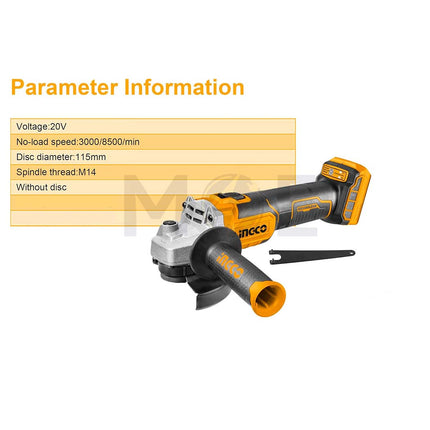 INGCO Lithium-ion Cordless Angle Grinder 20V 115mm | CAGLI201158 صاروخ قص وجلخ بطارية